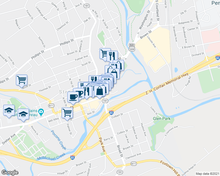 map of restaurants, bars, coffee shops, grocery stores, and more near 403 Main Street in Stroudsburg