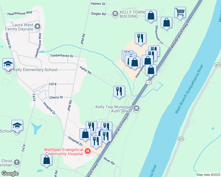 map of restaurants, bars, coffee shops, grocery stores, and more near 253 Hafer Road in Lewisburg