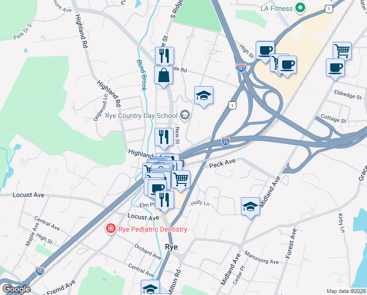 map of restaurants, bars, coffee shops, grocery stores, and more near 45 New Street in Rye