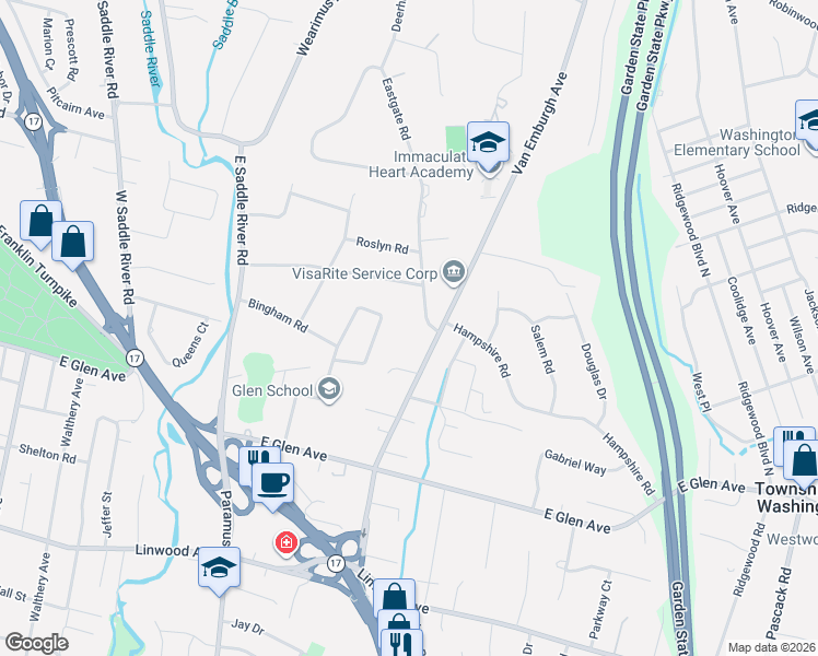 map of restaurants, bars, coffee shops, grocery stores, and more near 572 Eastbrook Road in Ridgewood