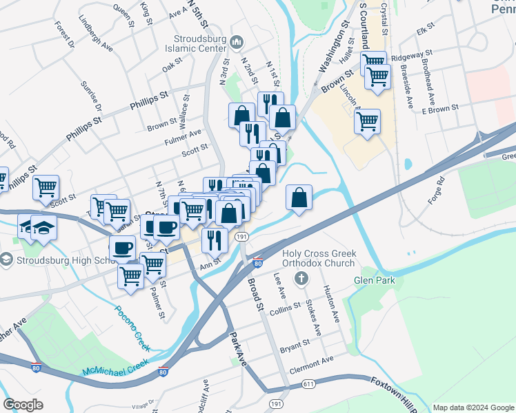 map of restaurants, bars, coffee shops, grocery stores, and more near 353 Main Street in Stroudsburg
