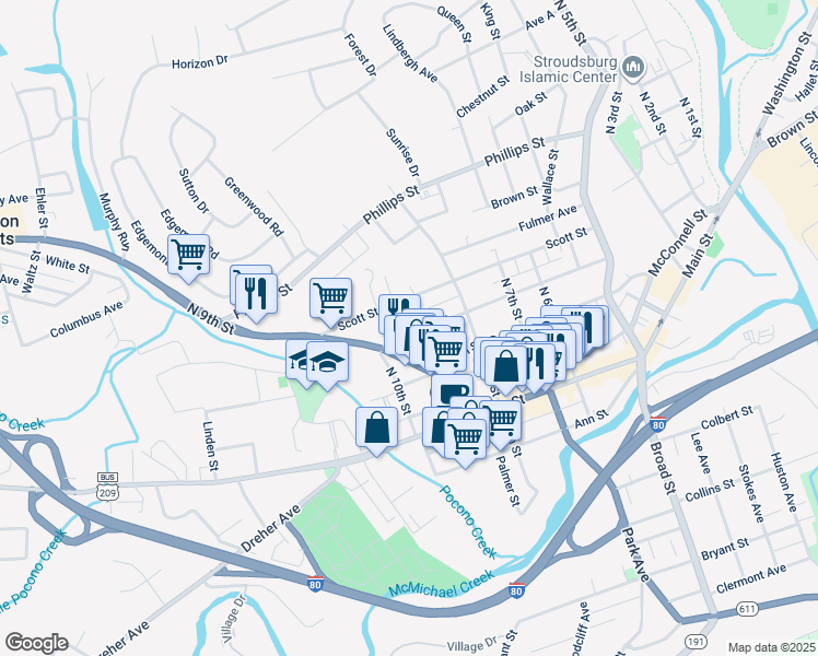 map of restaurants, bars, coffee shops, grocery stores, and more near 4 Stone Street in Stroudsburg