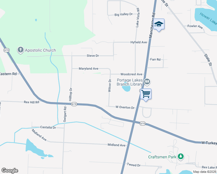 map of restaurants, bars, coffee shops, grocery stores, and more near 4325 Wilcor Drive in Akron