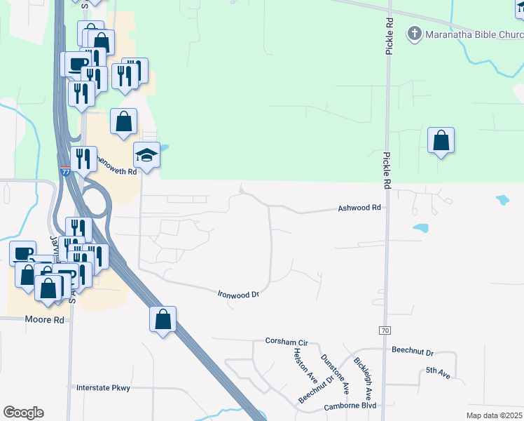 map of restaurants, bars, coffee shops, grocery stores, and more near 2852 Ironwood Drive in Akron