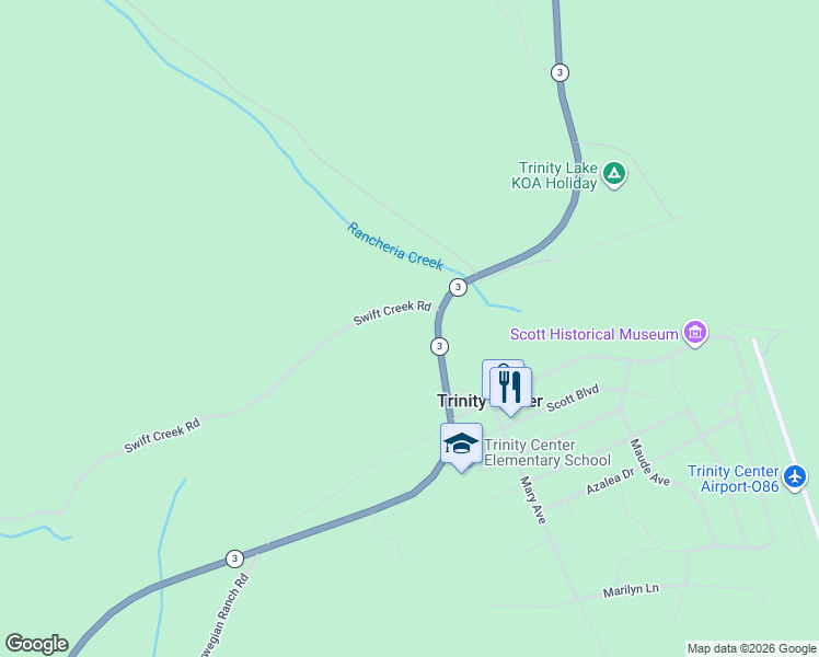 map of restaurants, bars, coffee shops, grocery stores, and more near Trinity Lake Boulevard in Trinity Center