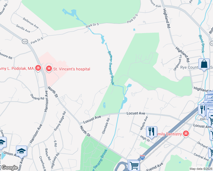 map of restaurants, bars, coffee shops, grocery stores, and more near 17 Boxwood Lane in Rye