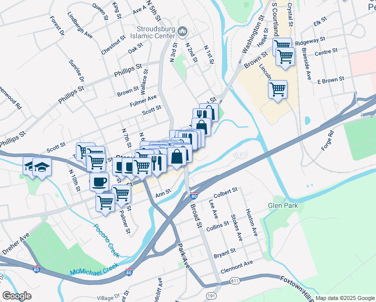 map of restaurants, bars, coffee shops, grocery stores, and more near 416 Main Street in Stroudsburg
