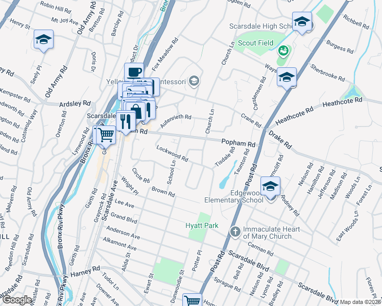 map of restaurants, bars, coffee shops, grocery stores, and more near 6 Hathaway Road in Scarsdale
