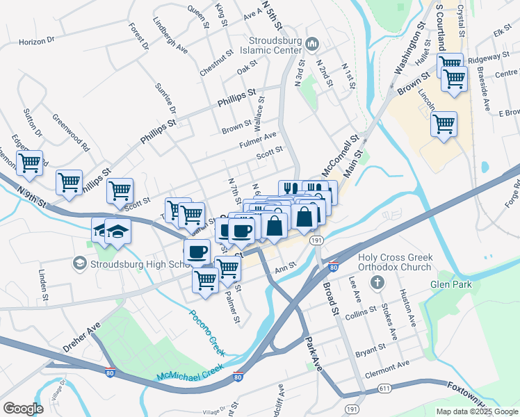 map of restaurants, bars, coffee shops, grocery stores, and more near 43 North 6th Street in Stroudsburg