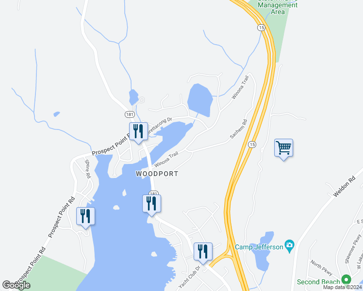 map of restaurants, bars, coffee shops, grocery stores, and more near 21 Winona Trail in Jefferson