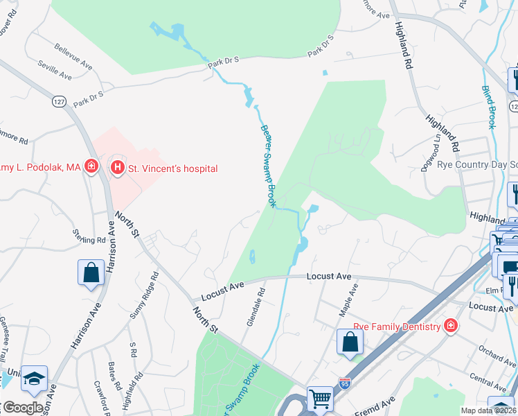 map of restaurants, bars, coffee shops, grocery stores, and more near 17 Boxwood Lane in Rye
