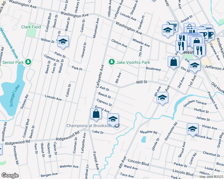 map of restaurants, bars, coffee shops, grocery stores, and more near 229 Mill Street in Westwood