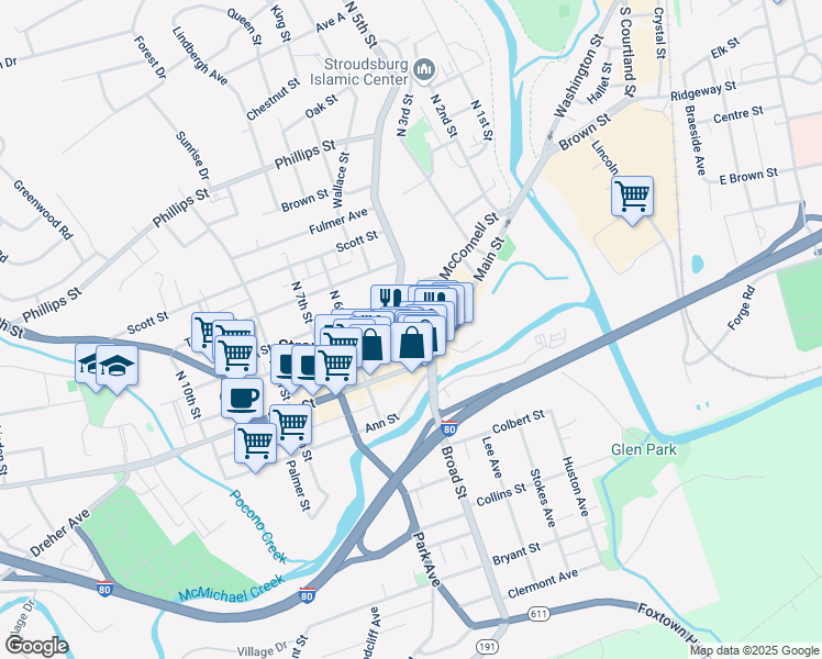 map of restaurants, bars, coffee shops, grocery stores, and more near 505 Sarah Street in Stroudsburg