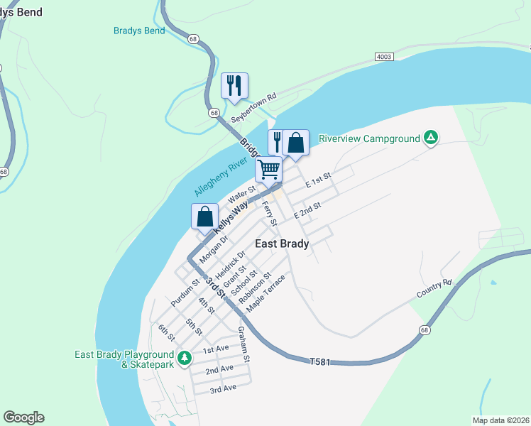 map of restaurants, bars, coffee shops, grocery stores, and more near 402 Purdum Street in East Brady