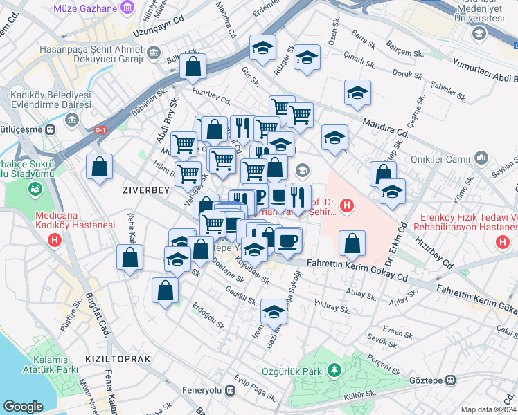map of restaurants, bars, coffee shops, grocery stores, and more near 34 Sarayönü Caddesi in Kadıköy