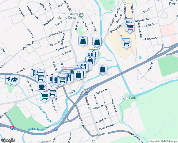 map of restaurants, bars, coffee shops, grocery stores, and more near 403 Main Street in Stroudsburg