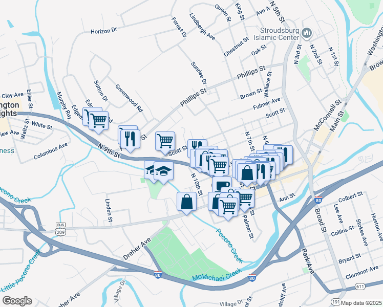 map of restaurants, bars, coffee shops, grocery stores, and more near 861 Scott Street in Stroudsburg