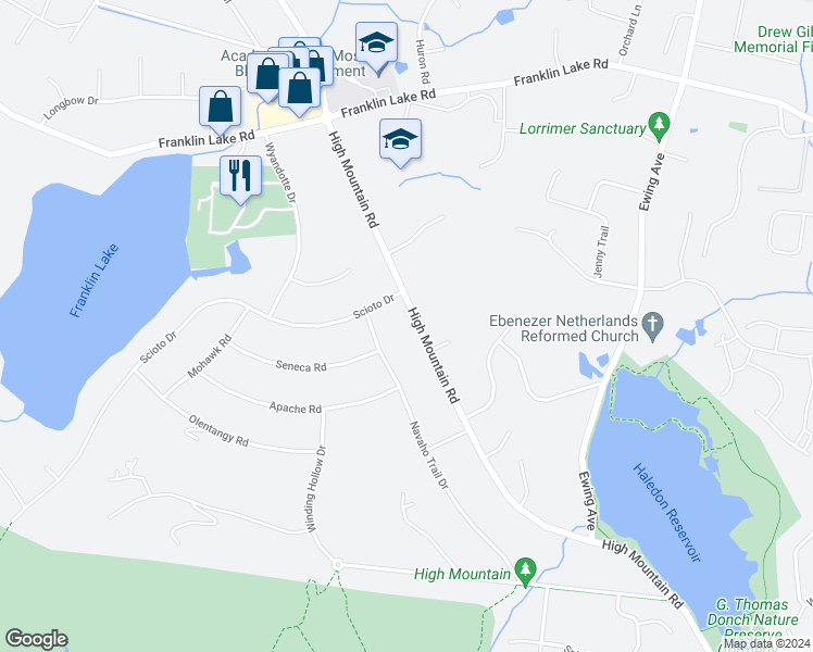 map of restaurants, bars, coffee shops, grocery stores, and more near 692 High Mountain Road in Franklin Lakes