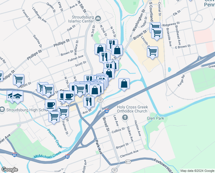 map of restaurants, bars, coffee shops, grocery stores, and more near 353 Main Street in Stroudsburg