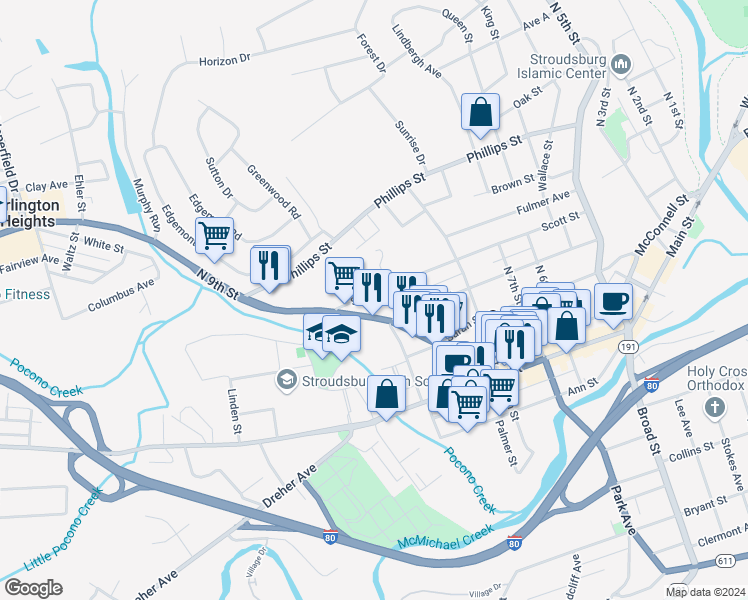 map of restaurants, bars, coffee shops, grocery stores, and more near 859 Scott Street in Stroudsburg