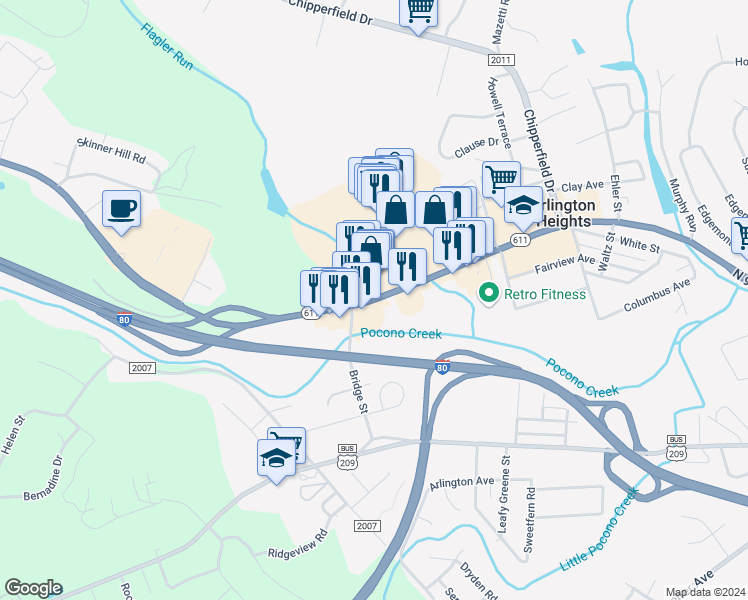 map of restaurants, bars, coffee shops, grocery stores, and more near 319 Stroud Mall Road in Stroudsburg
