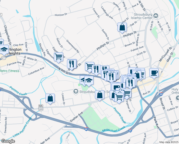 map of restaurants, bars, coffee shops, grocery stores, and more near 900 Scott Street in Stroudsburg