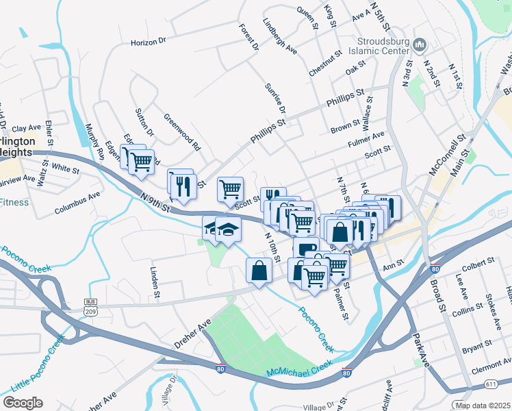 map of restaurants, bars, coffee shops, grocery stores, and more near 871 Scott Street in Stroudsburg