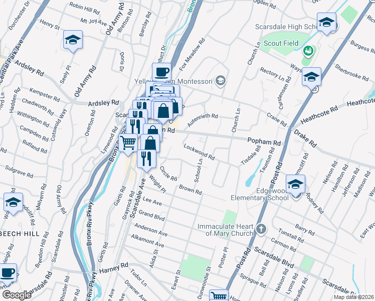 map of restaurants, bars, coffee shops, grocery stores, and more near 16 Lockwood Road in Scarsdale