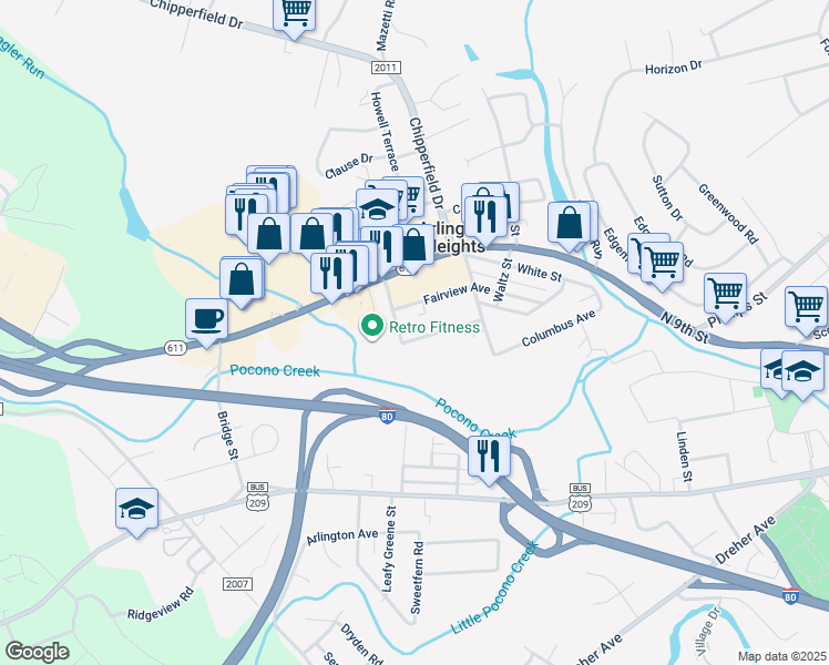 map of restaurants, bars, coffee shops, grocery stores, and more near 1064 Fritz Avenue in Stroudsburg