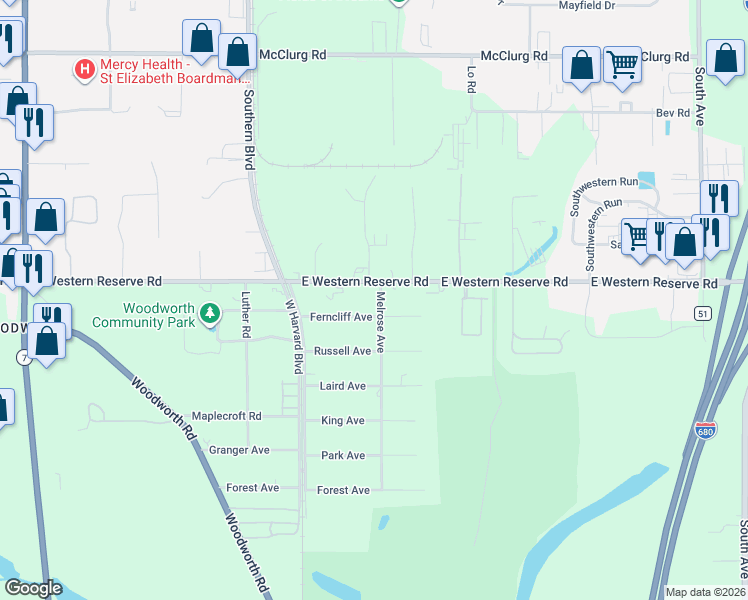 map of restaurants, bars, coffee shops, grocery stores, and more near 493 East Western Reserve Road in Poland