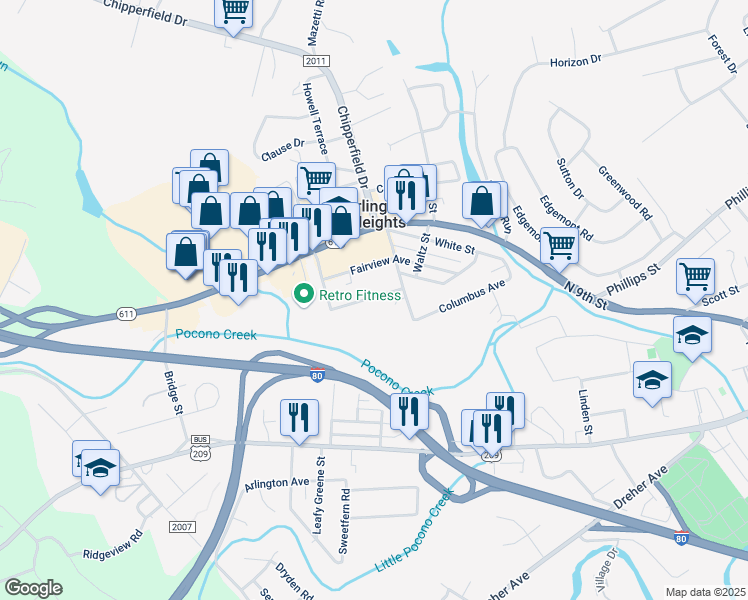 map of restaurants, bars, coffee shops, grocery stores, and more near 1041 Fritz Avenue in Stroudsburg