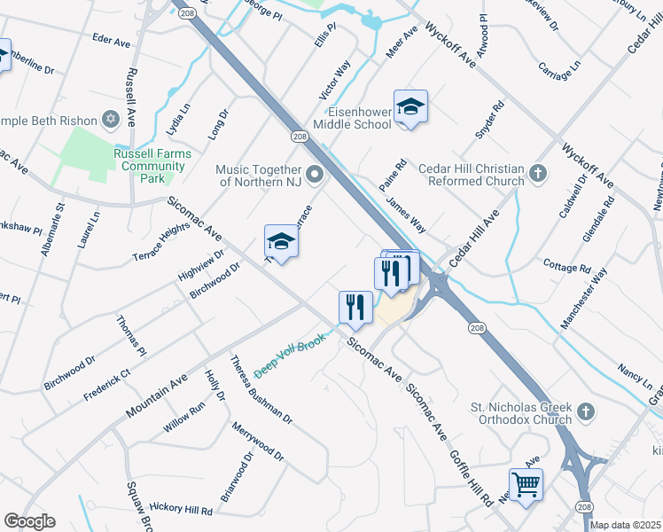 map of restaurants, bars, coffee shops, grocery stores, and more near 623 Mountain Avenue in Wyckoff