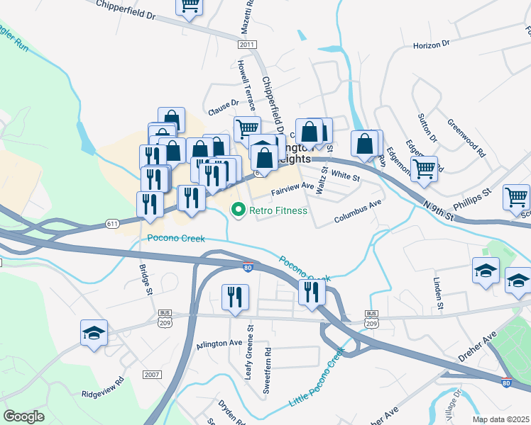 map of restaurants, bars, coffee shops, grocery stores, and more near 1064 Fritz Avenue in Stroudsburg
