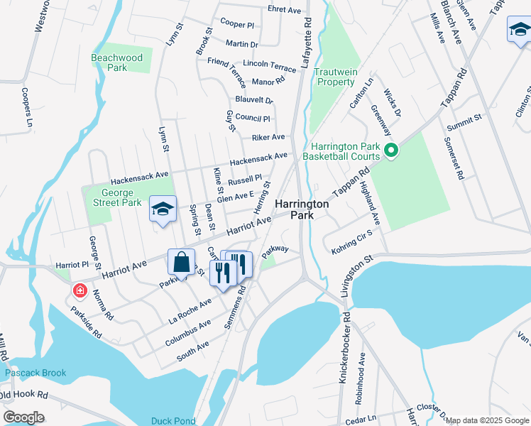 map of restaurants, bars, coffee shops, grocery stores, and more near 176 West Shore Road in Harrington Park