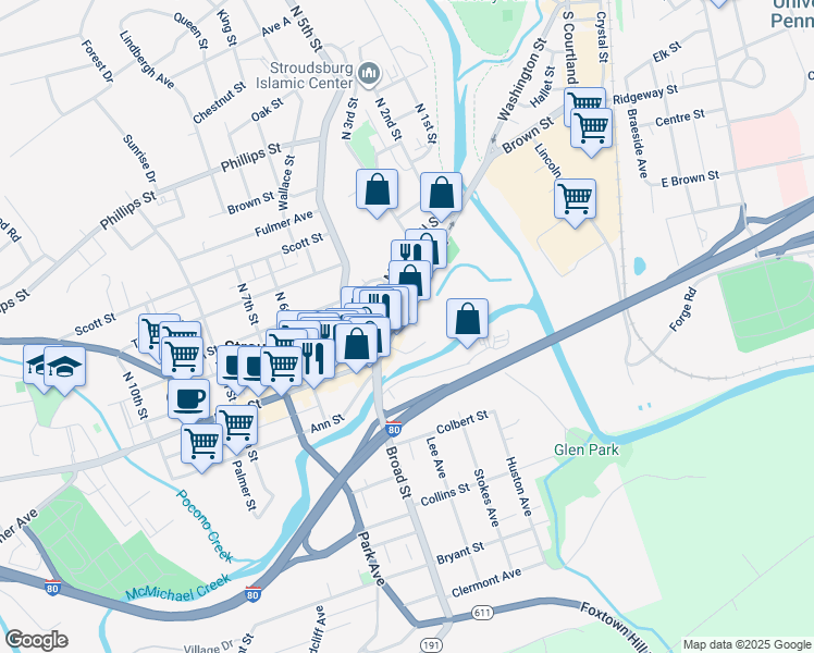 map of restaurants, bars, coffee shops, grocery stores, and more near 401 Main Street in Stroudsburg