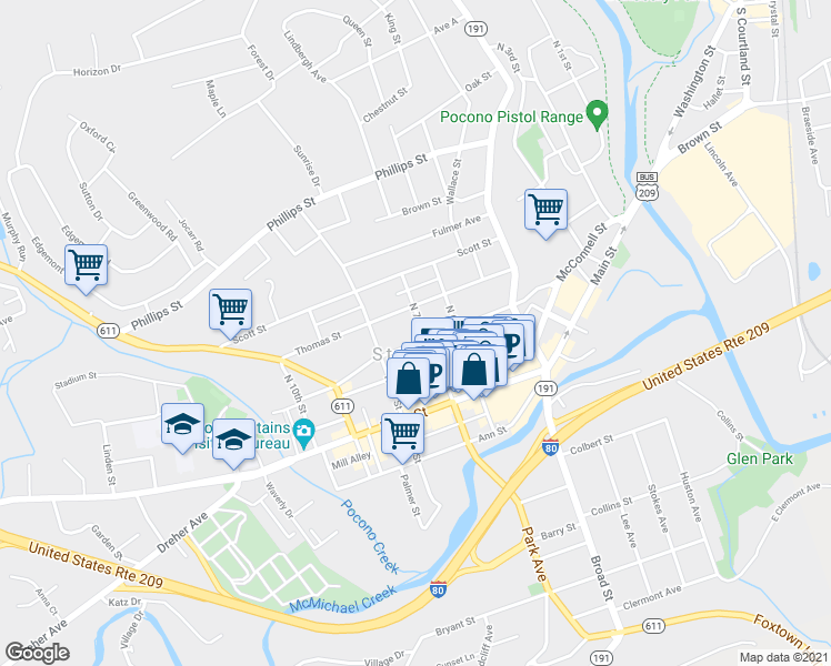 map of restaurants, bars, coffee shops, grocery stores, and more near 700 Sarah Street in Stroudsburg