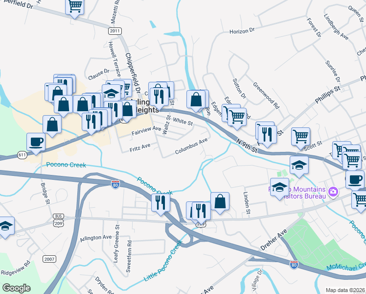 map of restaurants, bars, coffee shops, grocery stores, and more near 830 Columbus Avenue in Stroudsburg