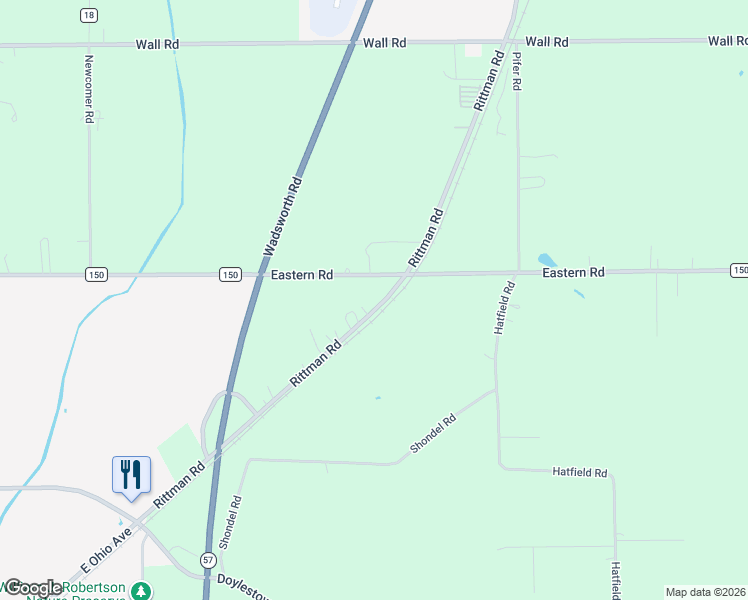 map of restaurants, bars, coffee shops, grocery stores, and more near 1827 County Highway 150 in Rittman