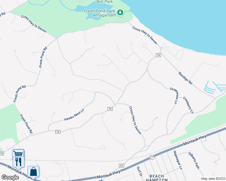 map of restaurants, bars, coffee shops, grocery stores, and more near 18 Canvasback Lane in East Hampton