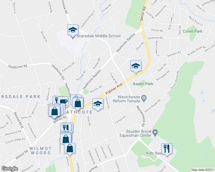map of restaurants, bars, coffee shops, grocery stores, and more near 37 Wynmor Road in Scarsdale