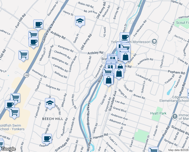 map of restaurants, bars, coffee shops, grocery stores, and more near 345 Scarsdale Road in Tuckahoe