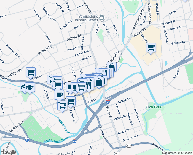 map of restaurants, bars, coffee shops, grocery stores, and more near 25 North 5th Street in Stroudsburg