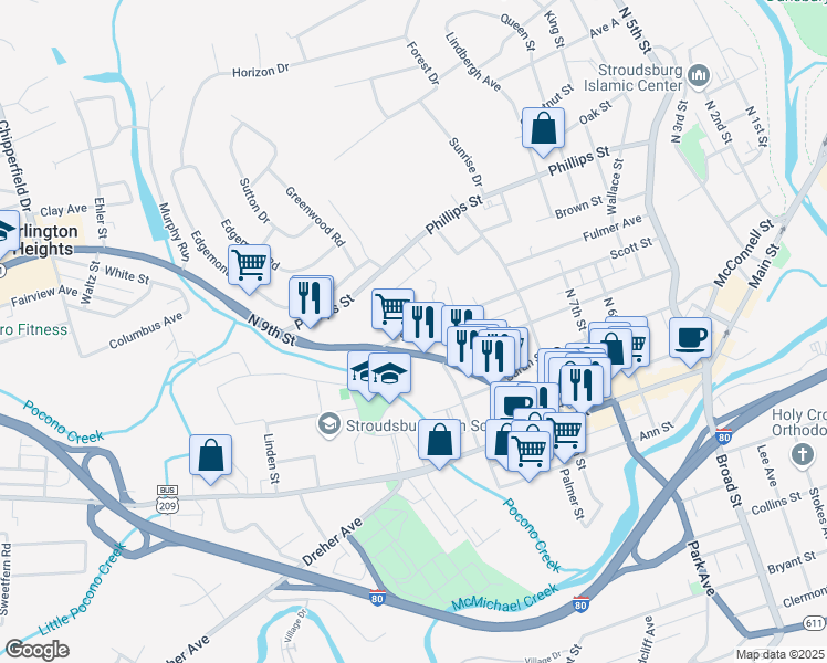 map of restaurants, bars, coffee shops, grocery stores, and more near 900 Scott Street in Stroudsburg
