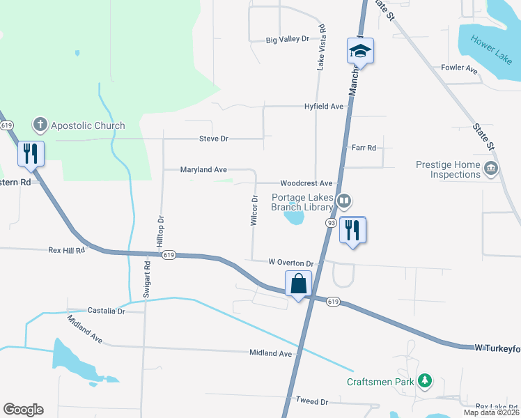 map of restaurants, bars, coffee shops, grocery stores, and more near 4325 Wilcor Drive in Akron