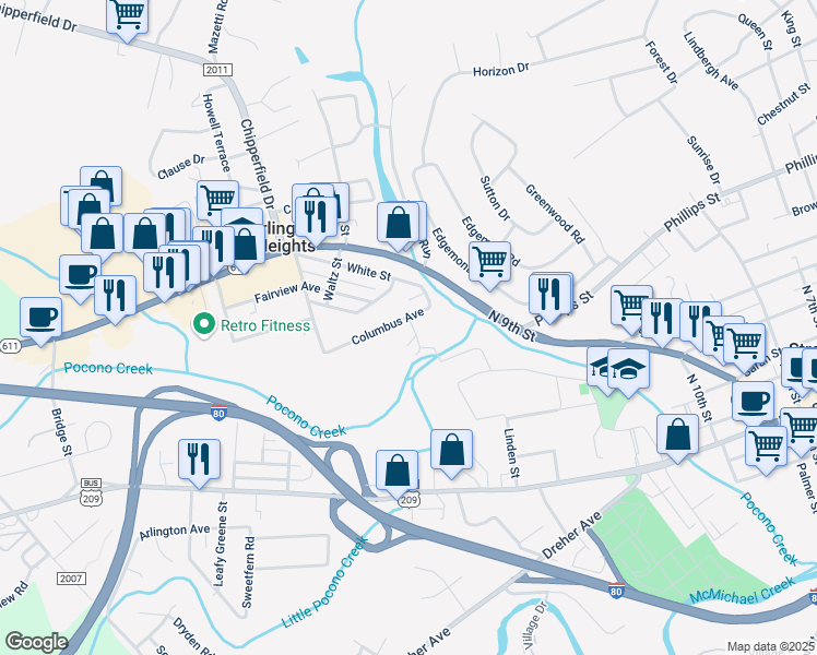 map of restaurants, bars, coffee shops, grocery stores, and more near 817 Columbus Avenue in Stroudsburg
