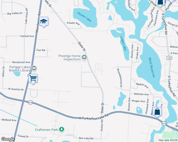 map of restaurants, bars, coffee shops, grocery stores, and more near 4220 State Street in Akron