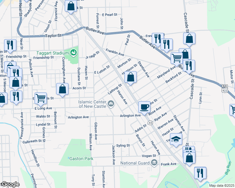 map of restaurants, bars, coffee shops, grocery stores, and more near 1210 Huron Avenue in New Castle