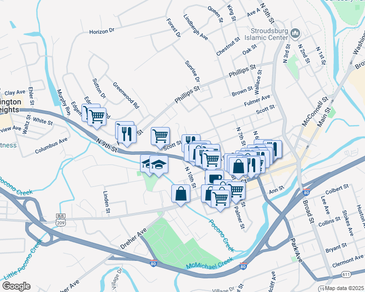 map of restaurants, bars, coffee shops, grocery stores, and more near 865 Scott Street in Stroudsburg