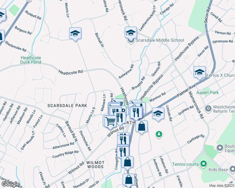 map of restaurants, bars, coffee shops, grocery stores, and more near 236 Heathcote Road in Scarsdale