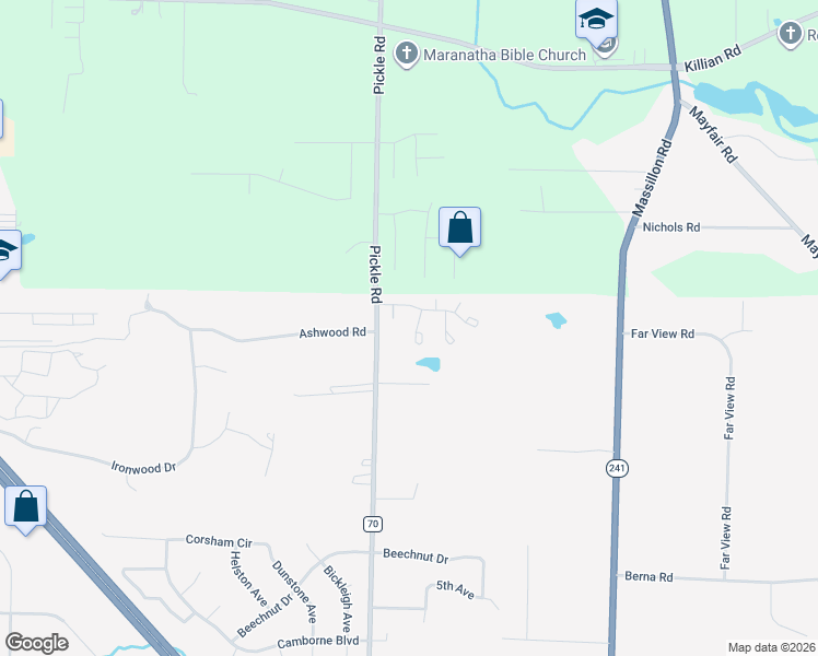 map of restaurants, bars, coffee shops, grocery stores, and more near 2814 Stratford Circle in Akron